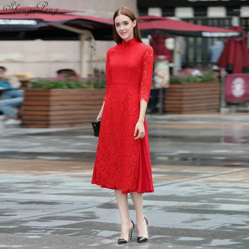 Abbigliamento etnico Pizzo Vietnamita Ao Dai Tradizionale Qipao Abito Lungo Cheongsam Cinese Abito Chinoise Moderno V2945