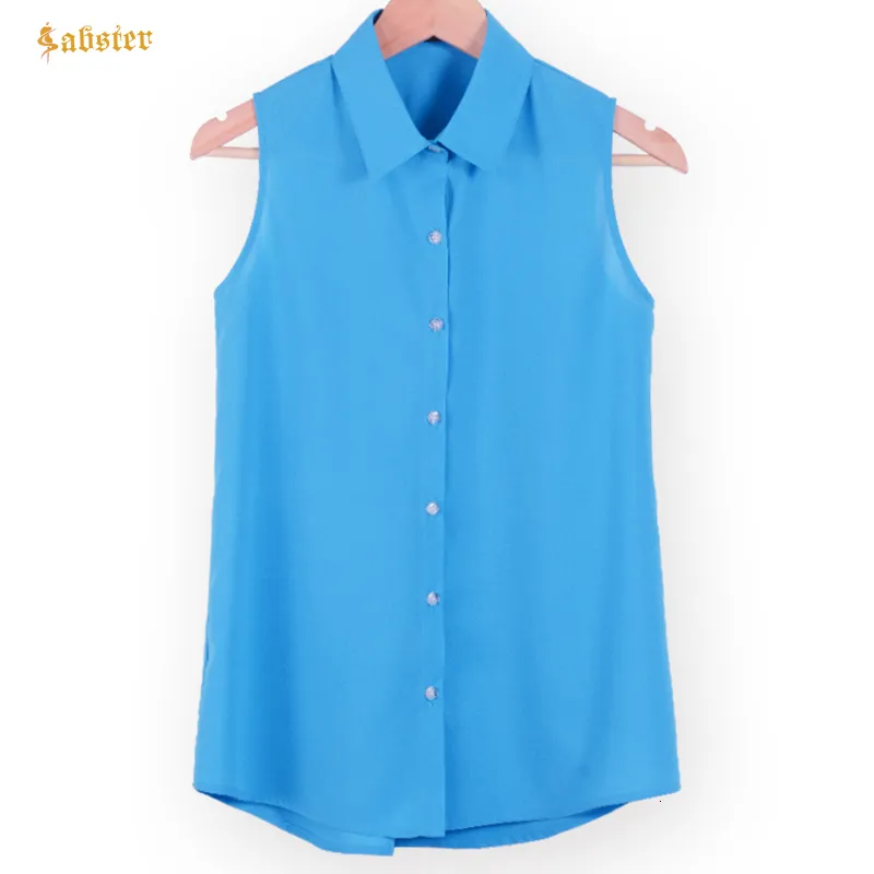 Damenblusen, Hemden, Damen-Umlege-Chiffonbluse, Sommerhemd, Blusas Femeninas, solide Weste, Tops, lockere, ärmellose, dünne und leichte Chiffonbluse 230313