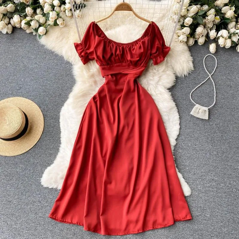 Casual Dresses ZCWXM Summer Women Dress Elegant Mid-calf Short Puff Sleeve Robe Pull Party Night Slim Sexy Square Collar Red/Pink Evening