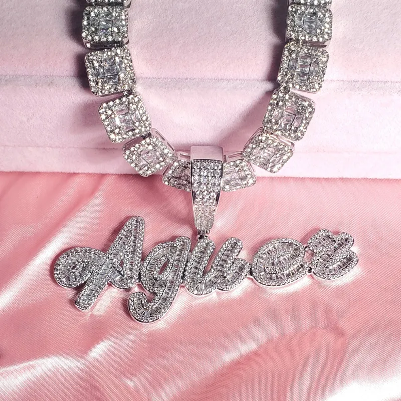 Hoop Huggie Custom Brush Cursive Iced Out Letter Name Pendant Word Necklace With and Zirconia Baguettes Chain Drop Shiping 230311