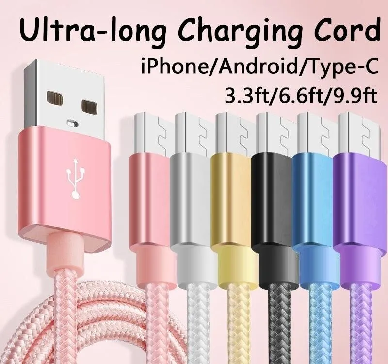 Type C Nylon Braided Micro USB Cable Charging Sync Data Durable Sync Quick Charge Charger Cord for Android V8 Smart Phone