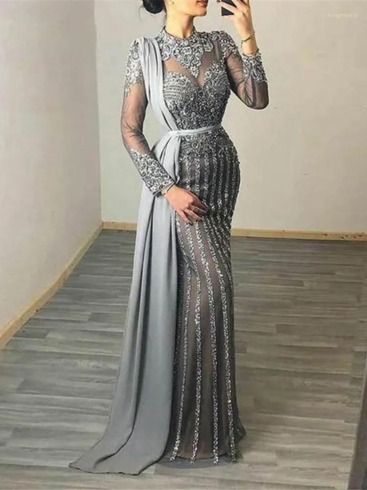 Lässige Kleider IDress Sparkly Abendkleider Frauen Langarm Sheer Mesh Patchwork Maxi Bodycon Hochzeitskleid Nachtclub Party