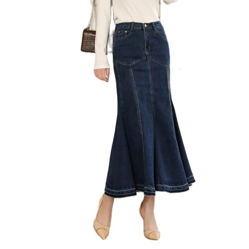 Womens Denim Skirt High Waist, Ankle Length, Stretch, Fishtail