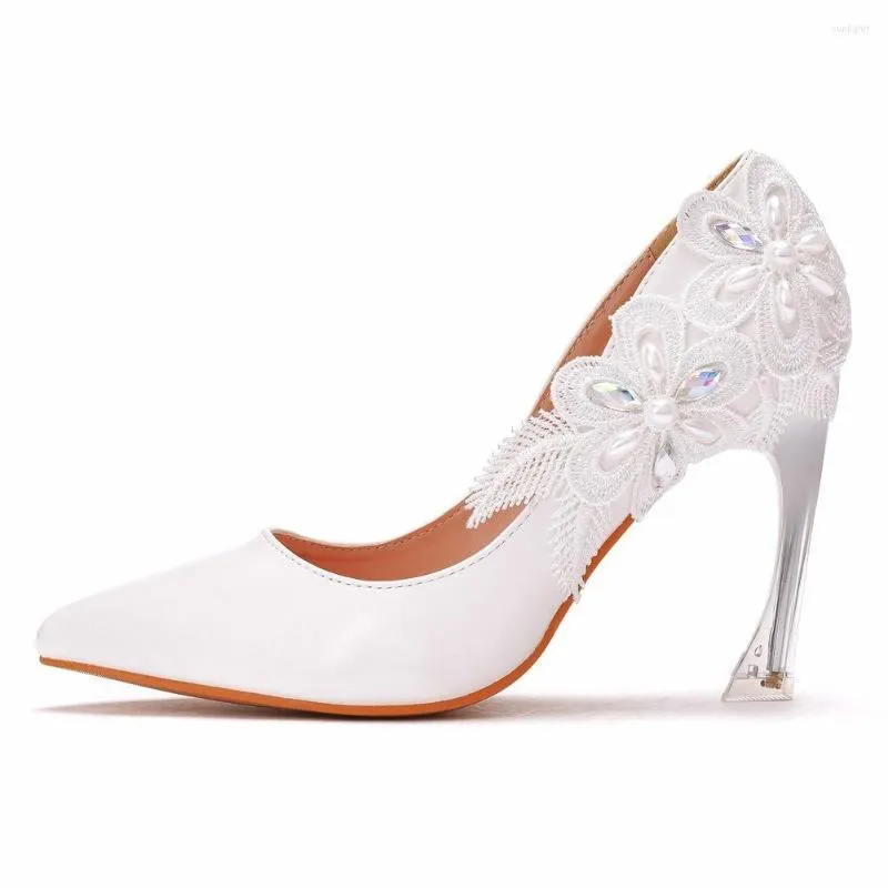 Dress Shoes 2023 White Lace Flower Pumps Bride Female Sexy 9CM High Heels Ladies Party Elegant Wedding