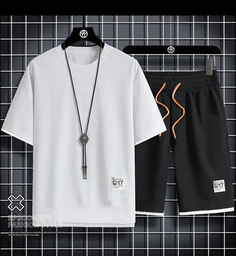 Summer Men's Waffle shirt with t shirt and Shorts Set