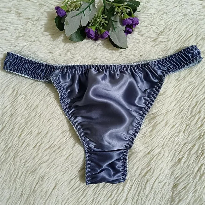 Underpants Thongs Men Silk Satin Underwear Man Bulge Pouch G-string Soft Smooth Panties Comfortable Elastic Solid Knickers