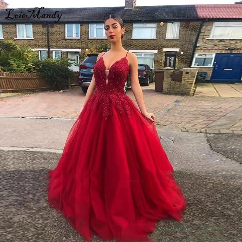 Party Dresses Red Applique Lace Prom Long 2023 Chic Pearls Sequined aftonklänningar för kvinnor Tulle Vestidos Elegantes Para Mujer