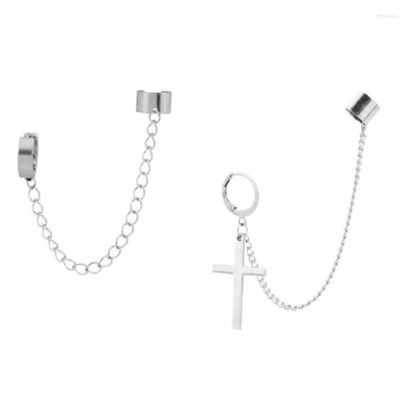 Backs Earrings Cross Chain For Men Women Stainless Steel Hip Hop Punk Kpop Cool Ear Cuff Clip On Teens Boy Girl 2023 Jewelry