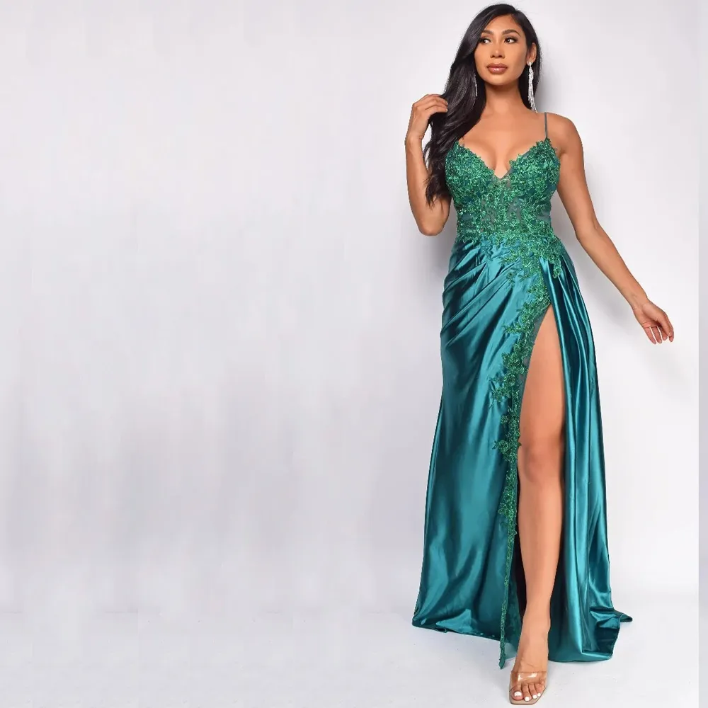 Sexy Spaghetti Strap Thigh Prom Dresses Green Draped Evening Gown Deep V Neck Floor Length Dinner Party Wears 326