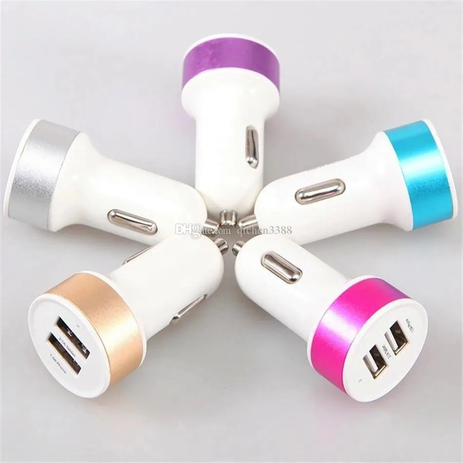 Dual USB Ports 2.1A Metal Car Charger Colorful Micro USB Car Plug USB Adapter för iPhone för Android -telefon