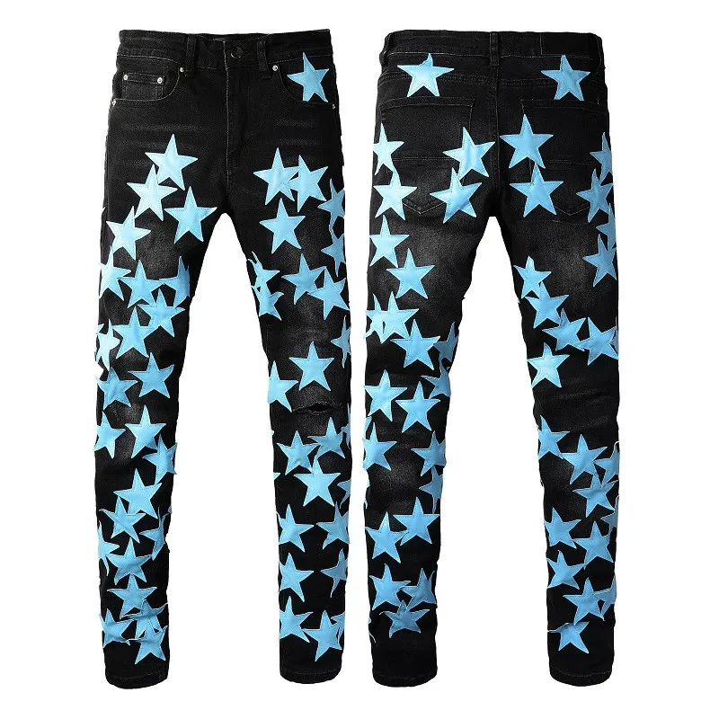 Hombre Skinny Jeans Hombres Black Ripped Jeans Mens Designer Rip Pants Denim Blue Star Patches Cremallera recta Fly Hole Moda Halloween Hip Hop 20ss Motocicleta elástica