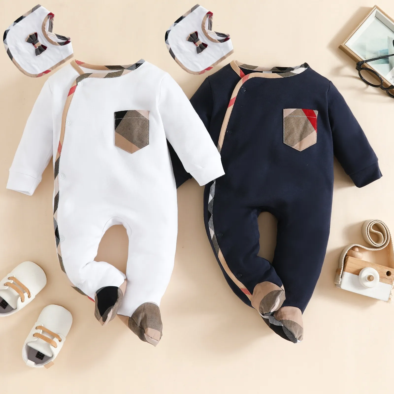 baby designer Romper fashion spring infang boys girls long Sleeve causal Jumpsuit pocket stripe Lattice Newborn Cotton Onesie S2174