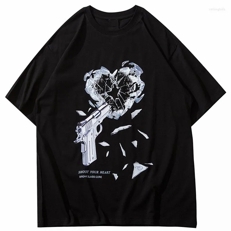 Mens T-skjortor för män Streetwear Hip Hop Gun Breaking Print överdimensionerad t-shirt Harajuku Cotton Loose Summer Short Sleeve Tops