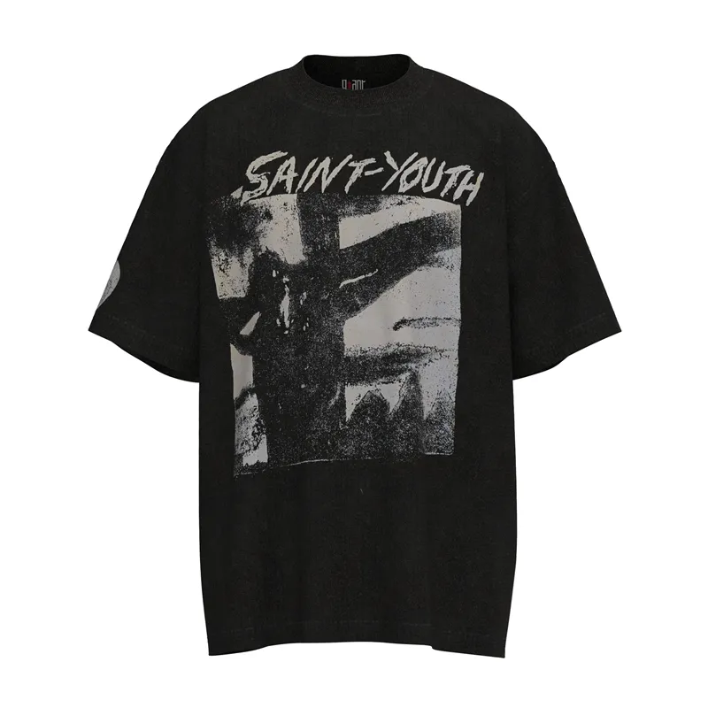 Saint Michael T shirts Suffer Jesus Cross 프린트 플러스 사이즈 남성 티셔츠 Acid Washed Retro 탑 남성 빈티지 오버 사이즈 티셔츠 Streetwear Tee Youth Short Sleeves Tees