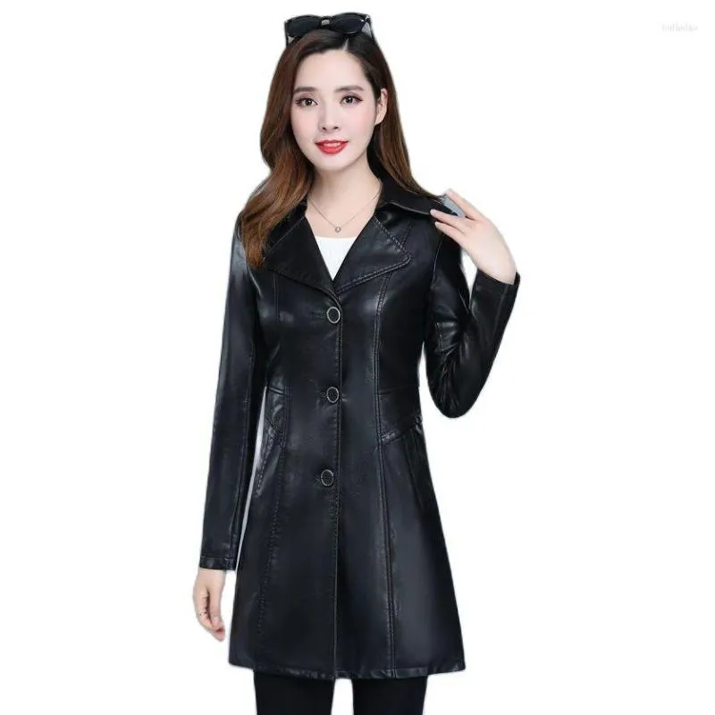 Women's Leather Women Jacket Spring Autumn Thin Ladies Mid Long Jackets Pu Suit Collar Female Slim Faux Outwear