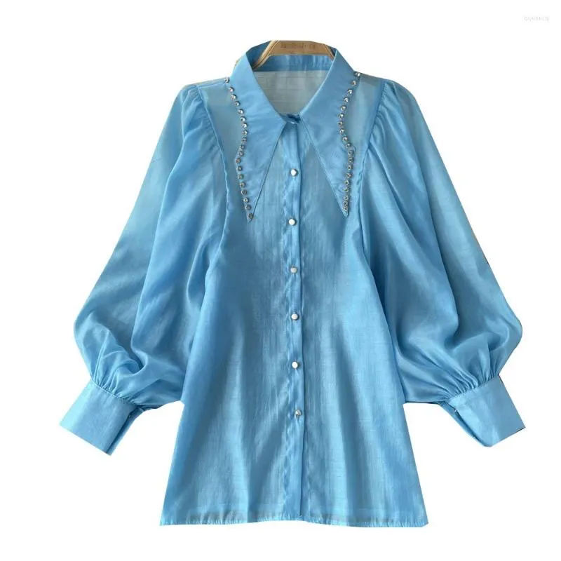 Damskie bluzki moda retro bluzka kobiety wiosna letnie koszule z diamentami streetwearu luźne puff trapelowe topy lapowe jesień 2023