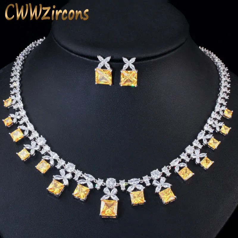 Wedding Jewelry Sets CWWZircons Gorgeous Princess Cut Yellow Cubic Zirconia Stone Women Party Costume Necklace for Brides T351 230313