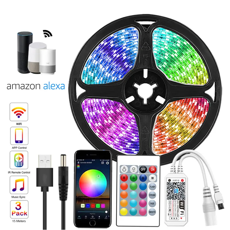 Luci di striscia 16.4ft Led Lightstrip Music Sync Cambia colore RGB Stripy Bluetooth App Control LED Illuminazione a nastro con telecomando 5050 RGB Rope Lighty Strips oemled