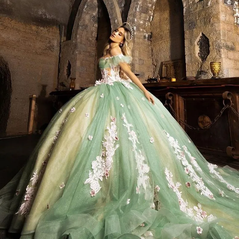 Vert chérie hors de l'épaule Quinceanera robes robe de bal Appliques florales dentelle Tull Corset pour doux 15 filles robe de soirée