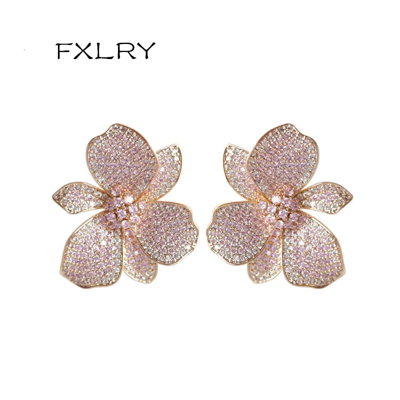 Stud Fxlry Design Fashion Golden Color Cubic Zirconia Big Flower Eearring For Women Wedding Bride Sieraden 230313