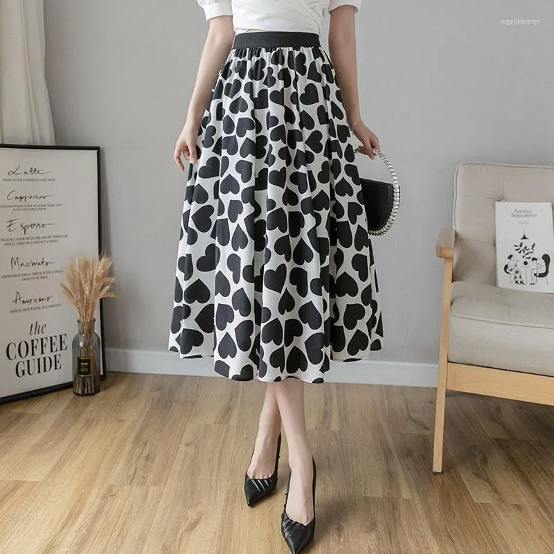 Röcke Mode Elegente Vintage Love Print White für Frauen Sommer hohe Taille Blumen losen Midi -Rock Beige Mujer Faldas