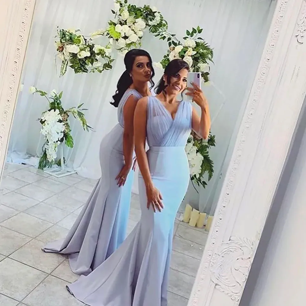 Plus Size Sleeveless Mermaid pastel blue bridesmaid dresses with Zipper, Lace-Up, and Pleats - Customizable Satin Gown Plus Size Sleeveless Mermaid pastel blue bridesmaid dresses with Zipper, Lace-Up, and Pleats - Customizable Satin Gown