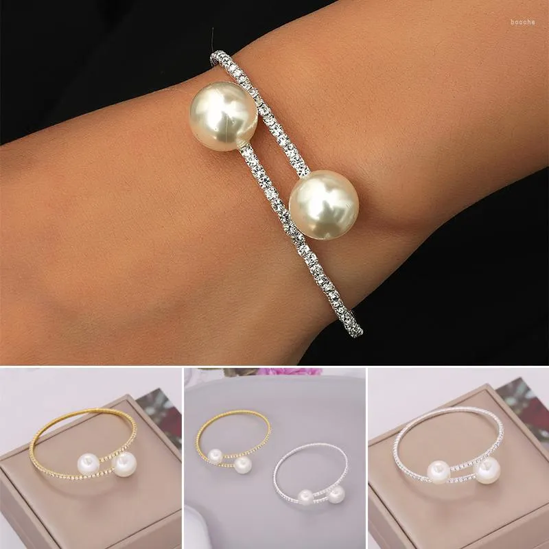 Bracelet Simple Rangées Perle Bracelet Complet Strass Incrusté Ouvert Manchette Étirement Réglable Pour Amis Sœurs D88