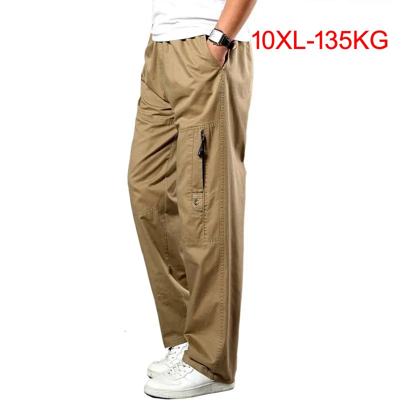 Mens Pants Men Cargo Pants Stretch Straight Trousers Spring Autumn Khaki Large Size Big 5XL 7XL 8XL 9XL 10XL Pocket Military Safari Pants 230313