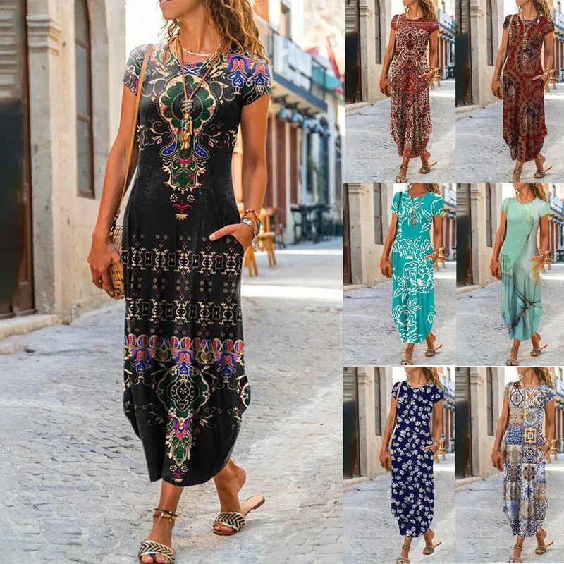 Robes décontractées femmes nouveau lâche Boho Vintage volants Befree été imprimé poche élégante robe de soirée été fête Maxi robes