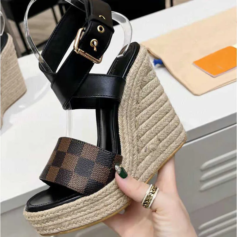 Shoes Sandals Designer Wedge Platform Women High Heel Sandal Starboard Espadrilles Natural Perforated Calf Leather Heels Lady Slides No378