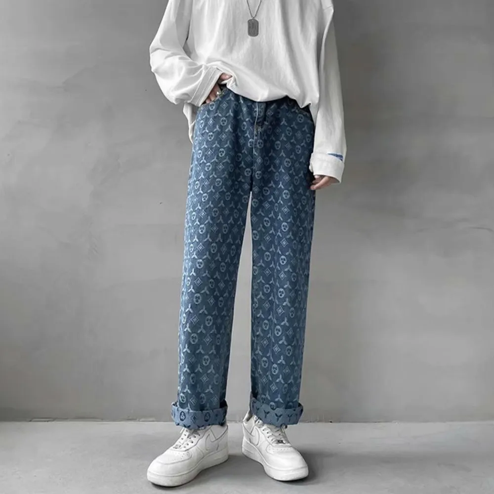 Męskie dżinsy amerykańskie retro jacquard dżinsy mężczyźni Autum Summer Street Ruffian przystojny luźne spodnie Prosty Drop Vintage Denim w trudnej sytuacji 230313