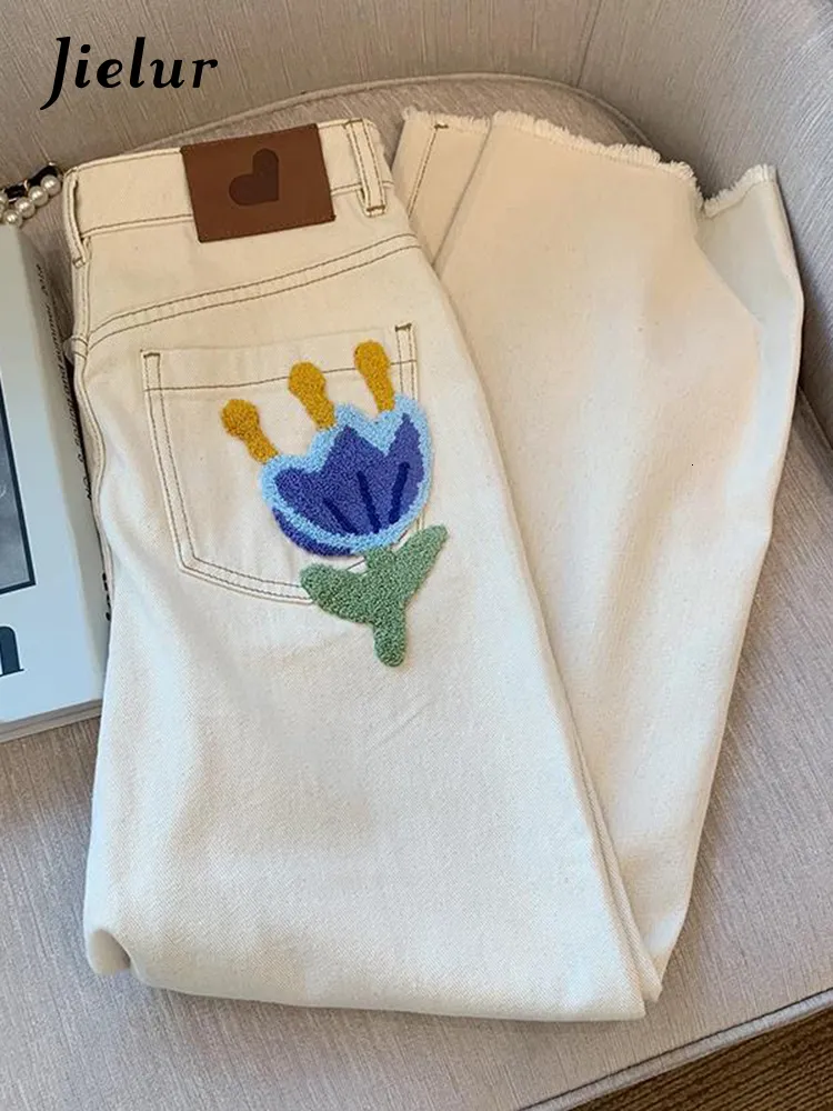 Kvinnor Jeans Jielur handduk broderad hög midja chic smala raka kvinnor byxor kvinnlig casual aprikos SXL 230313