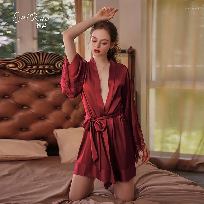 Pijamas femininos sexy noite robe vestido senhora roupão de seda sexo feminino rendas pijamas de cetim ternos estilo quimono japonês