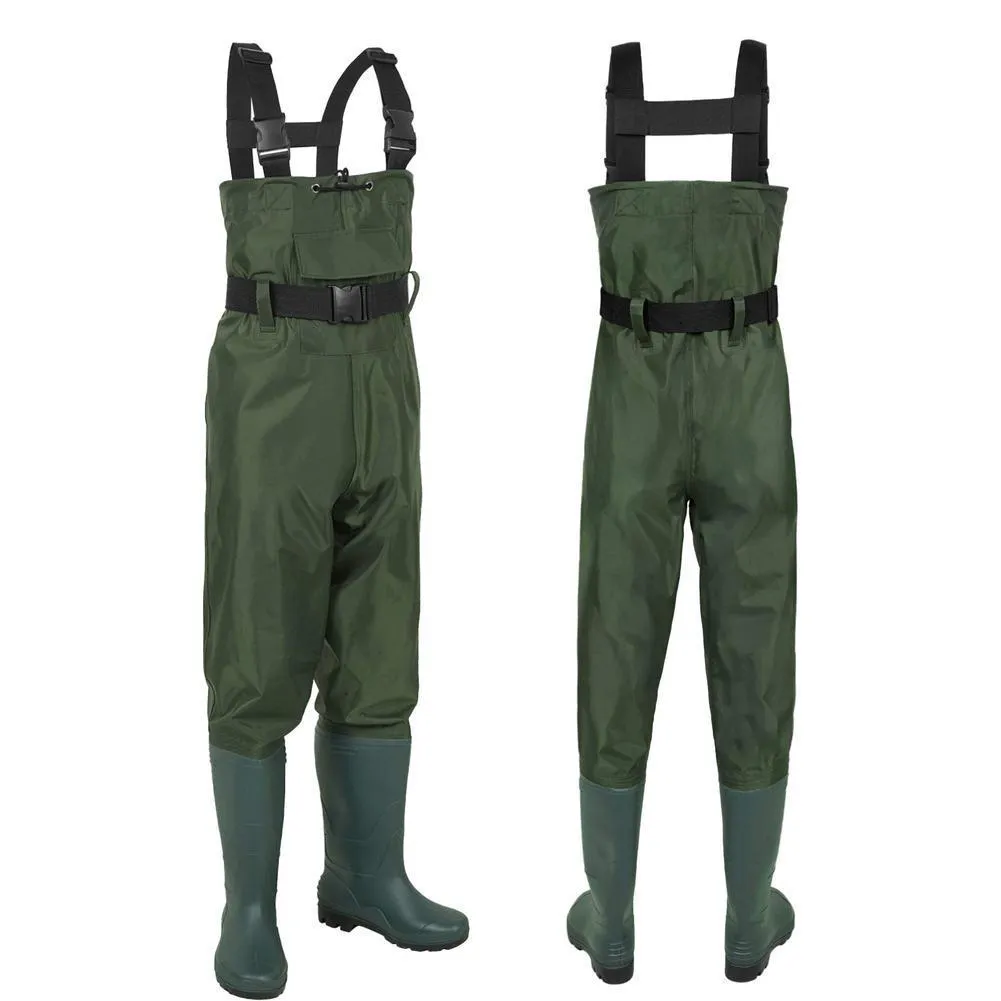 Waterproof Nylon Fishing Jumpsuit With Work Hoodie, Boots, And