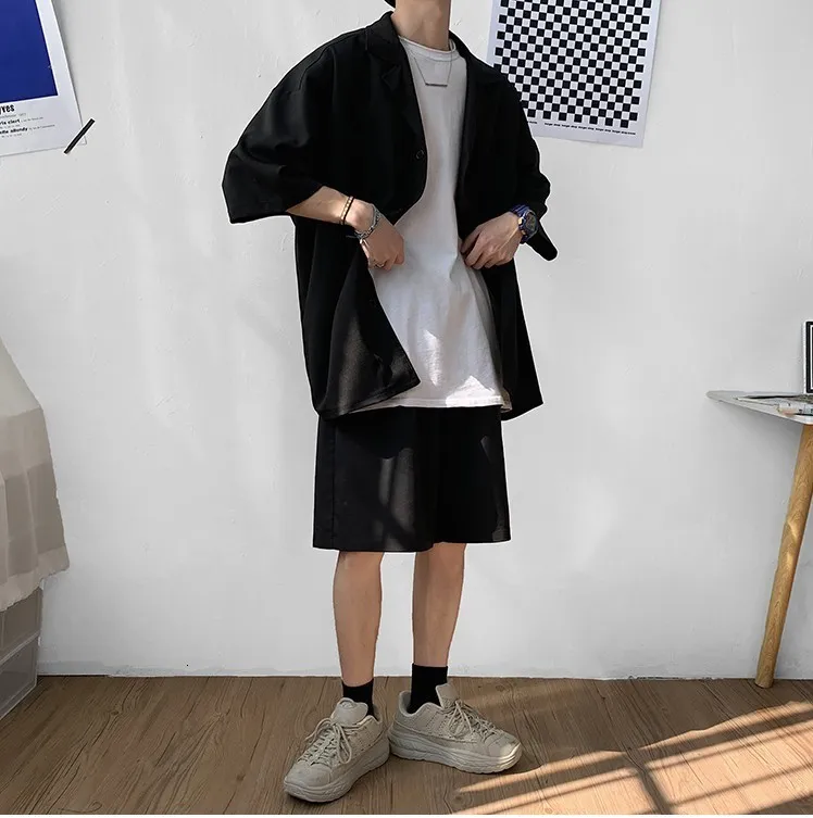 Korean Style men's long sleeve shirts Set - Solid Color Jacket and Shorts with Matching Bottoms for Summer Fashion (Size 230311) Korean Style men's long sleeve shirts Set - Solid Color Jacket and Shorts with Matching Bottoms for Summer Fashion (Size 230311)
