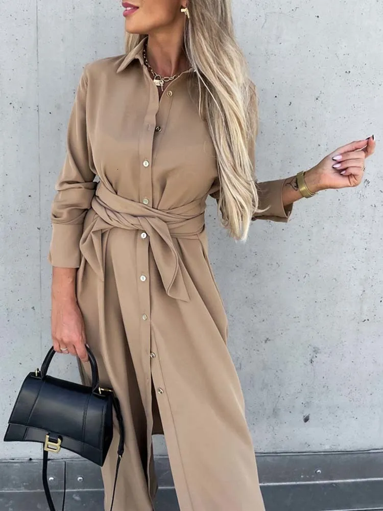 Casual Dresses S ~ 3xl Solid Long Sleeve Shirt Dress Women Lace Up Single Breasted Beach Maxi Party Dresses Turn-Down Collar Split Sash Vestidos 230313