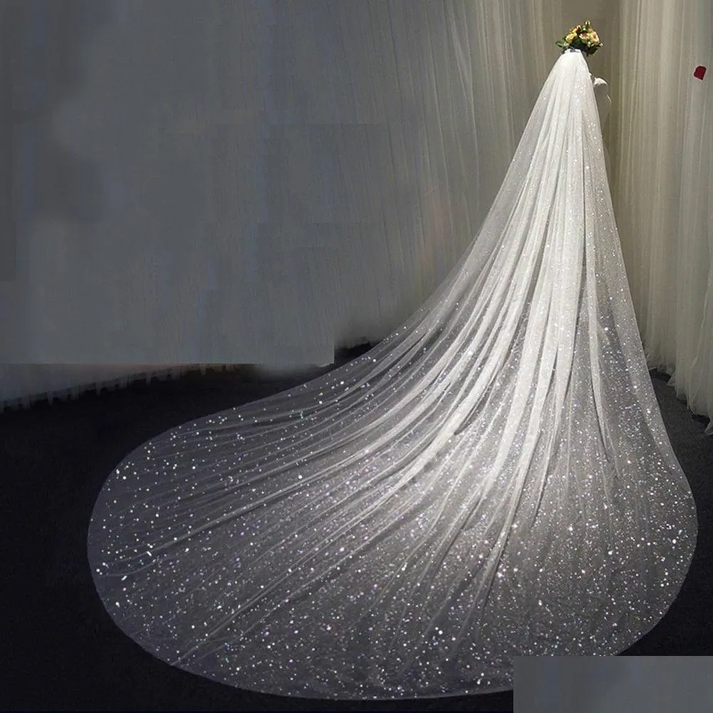 Bridal Veils Sparkly Glitters Bling 1 Tier Long Cathedral Length Handmade Soft Tle Sequins Bride Veil Drop Delivery Party Ev Dhvdq