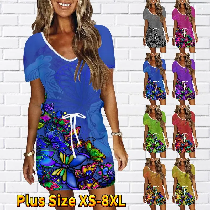 Robes décontractées 2023 Design impression jupe mince jupes courtes col en v taille ample manches femmes Mini été robe de tous les jours