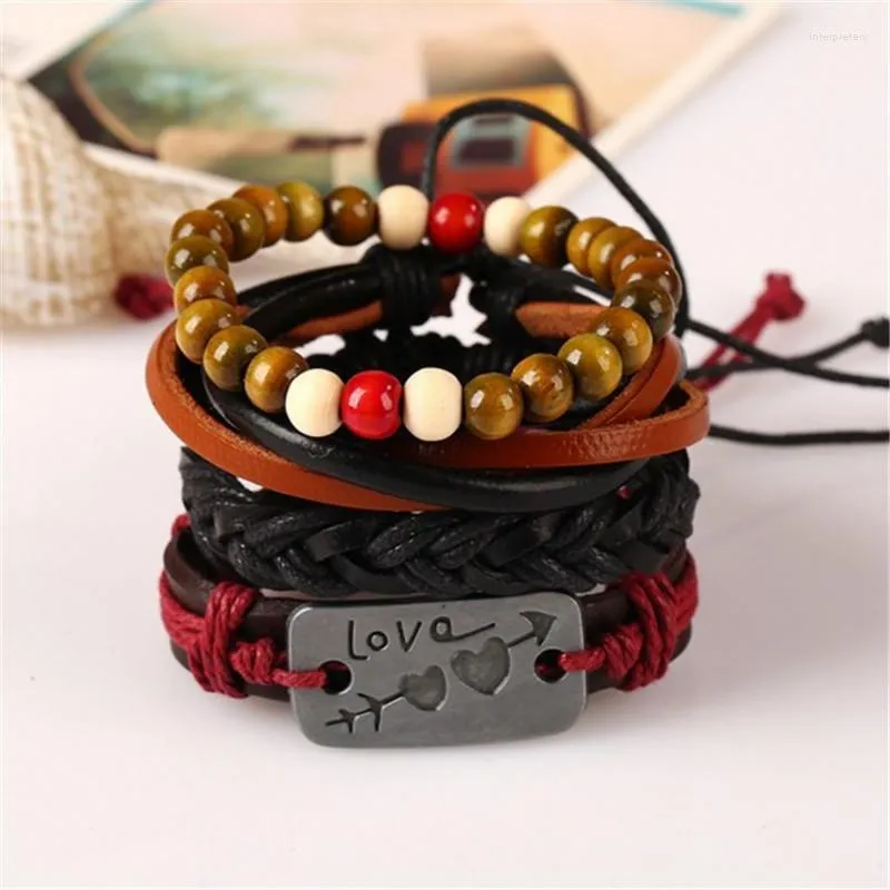 Strand Bois Perle Mâle Une Flèche À Travers Le Coeur Bracelet En Cuir Multicouche Hommes Tressé Corde Wrap Bracelets Interdire