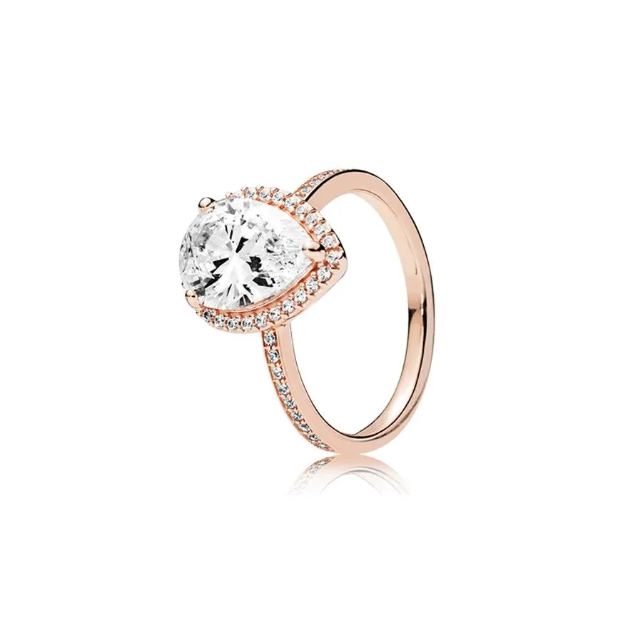 Anello in oro rosa 18 carati a goccia con diamante CZ Scatola originale per anelli in argento sterling 925 Pandora Set per gioielli regalo di nozze da donna193o