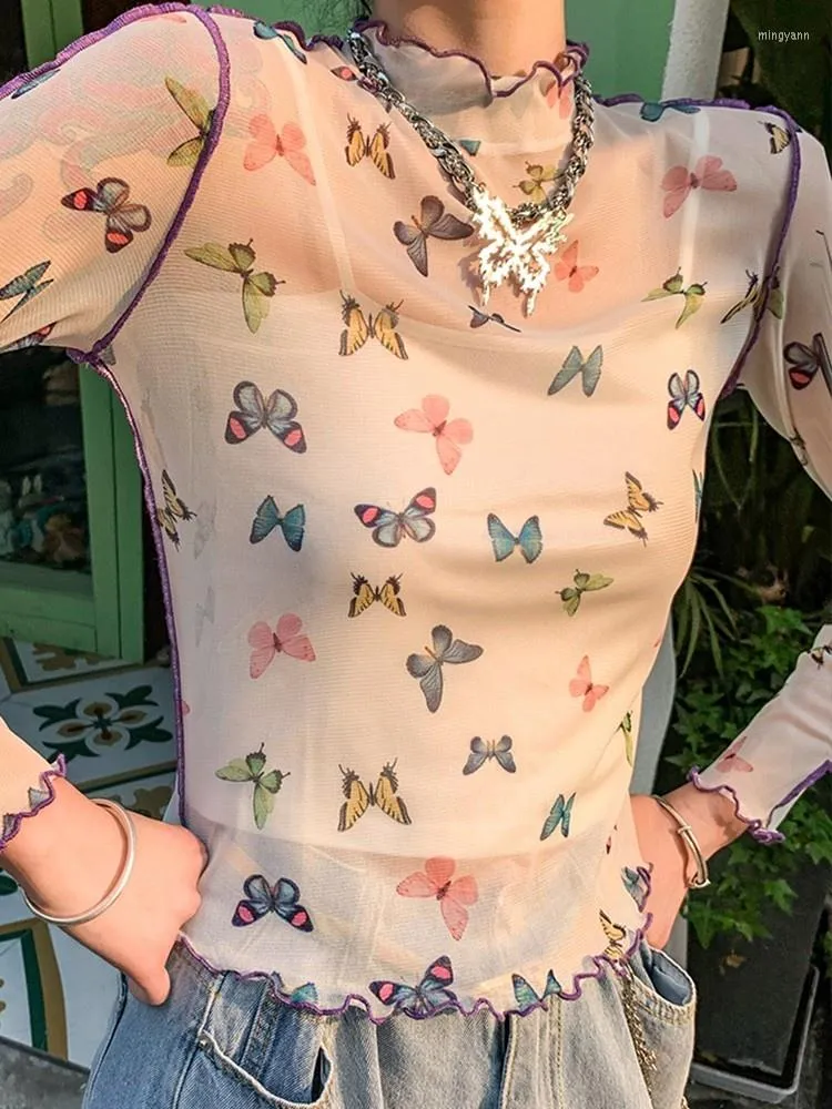 Camisetas femininas camisetas de borboleta t-shirt feminino veja através de malha transparente tampos de manga longa coreana damas estéticas turtleneck tee top y483