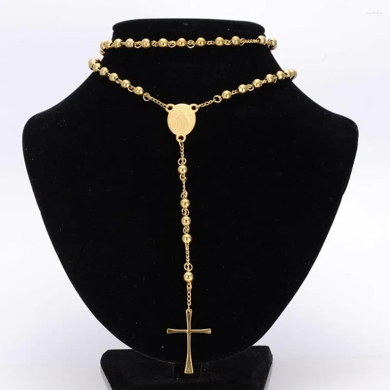 Chains Tisnium 4/6/8mm Bohemian Style Woman Necklace Jesus Cross Pendant On A Long Chain High Quality Stainless Steel Bead Link