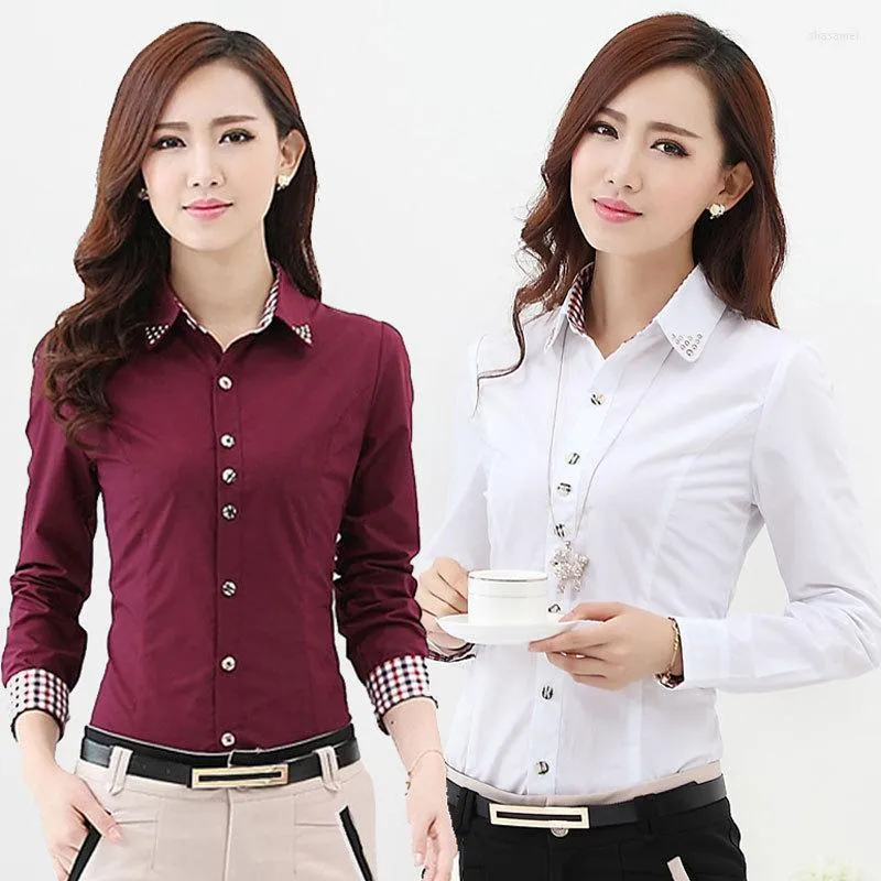 Blusas de mujer camisa de oficina para mujer talla grande 5XL 6XL ropa de trabajo a cuadros diamante manga larga Formal Casual Top Blusas femeninas