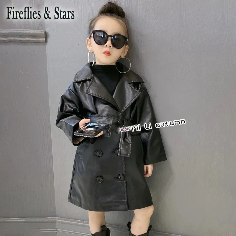 Jackets Spring Autumn girls PU Jacket baby long coat toddler outwear kids streetwear clothes fashion England waistband black 3 to 14 yrs 230313