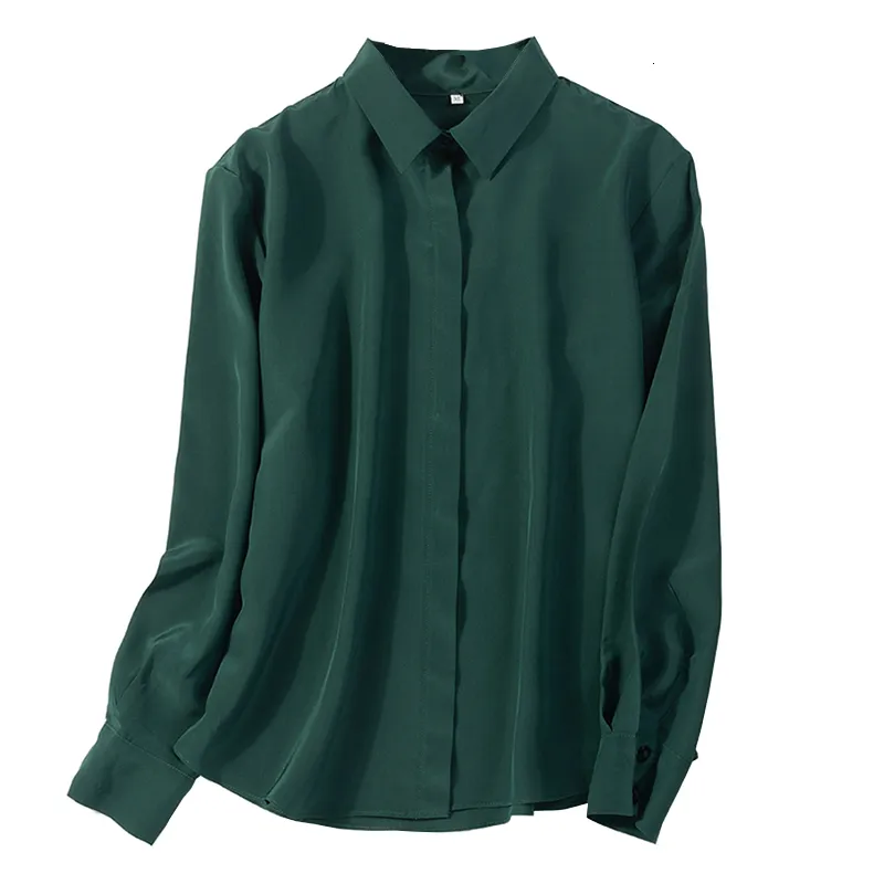 Women's Blouses Shirts 100% natural silk Blouses Dark green Long Sleeve Real Silk Chiffon Blouse Tops for women Casual Shirts Striped Blouses 230313