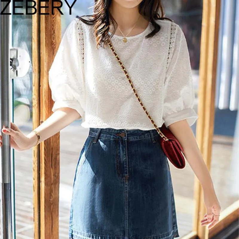 Women's Blouses & Shirts 2023 Summer Korean Fashion Lantern Sleeve Loose Embroidery Cotton Lace O-neck Casual BlousesWomen's