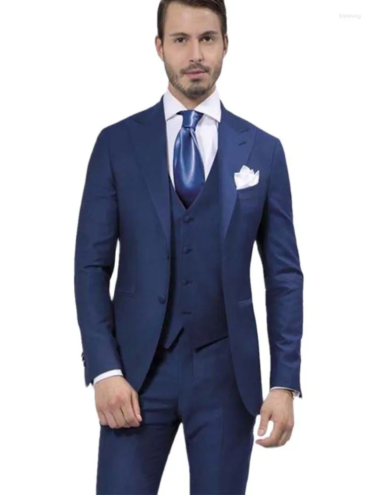 Costumes pour hommes 3 pièces Design de mode pour hommes bleu marine mariage marié Tuxedos Slim hommes costume robe de soirée Style du matin (veste pantalon gilet cravate)