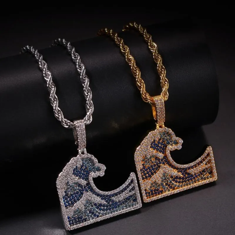 Collane con ciondolo Hip Hop CZ Zircon Bling Out Kanagawa Surf Collana con pendenti per uomo Donna Gioielli di moda Collane con pendenti color oroCiondolo