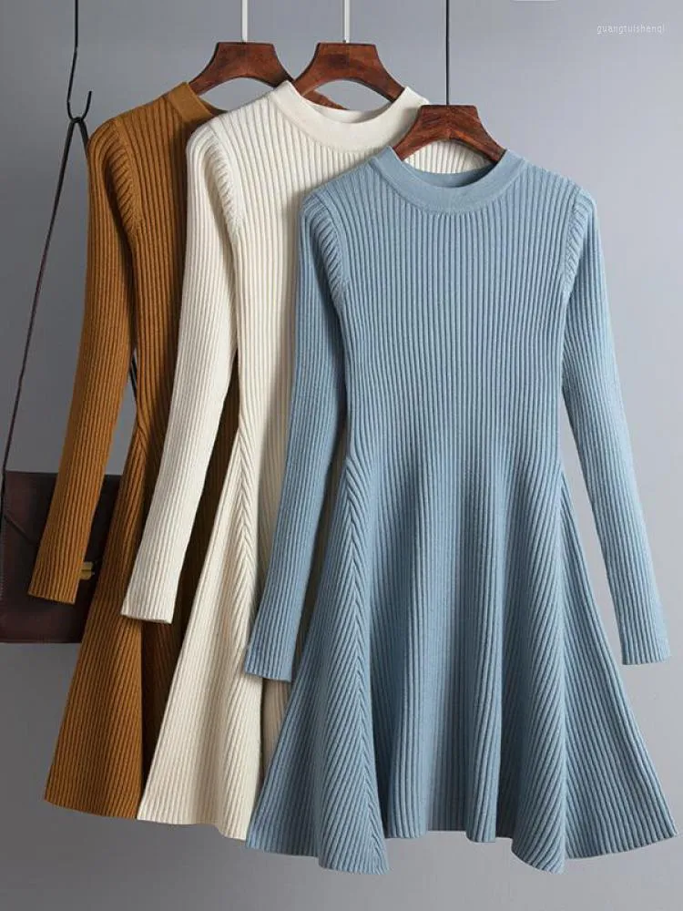 Casual Dresses Autumn Winter Elegant Knit Dress Women Short A Line tjock svart tröja Slim Mini Kvinnlig långärmad sexig