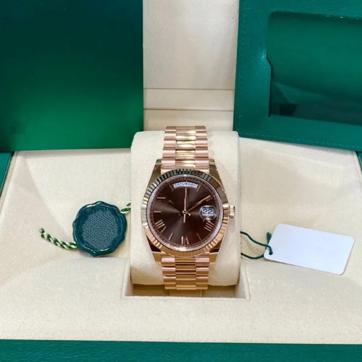 Herrenuhr in mm-Größe, Roségold, automatisches mechanisches Uhrwerk, Edelstahl mit Saphirglas. Hochwertige President-Uhren, Originalverpackung